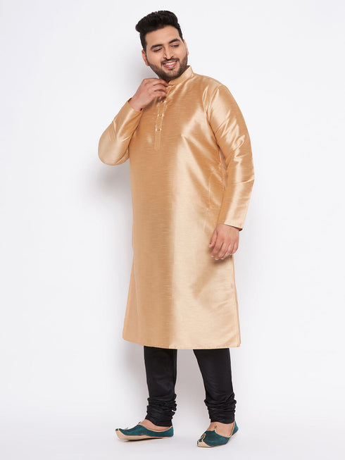 Vastramay Men's Plus Size Rose Gold Silk Blend Kurta And Black Pyjama Set