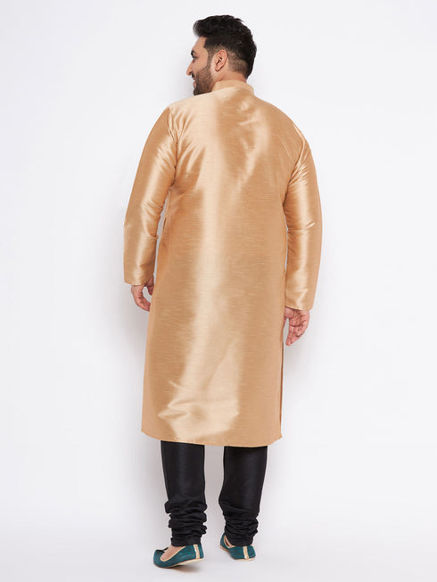 Vastramay Men's Plus Size Rose Gold Silk Blend Kurta And Black Pyjama Set
