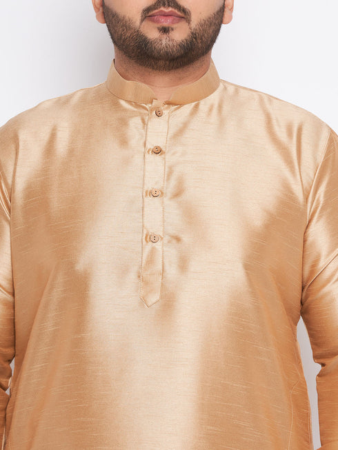 Vastramay Men's Plus Size Rose Gold Silk Blend Kurta And Black Pyjama Set