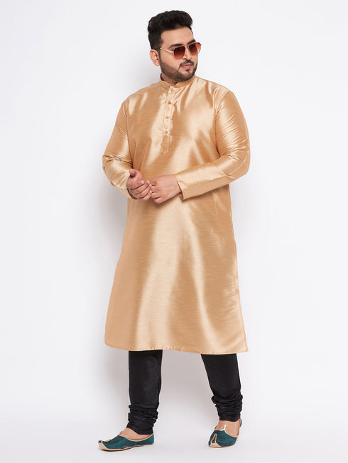 Vastramay Men's Plus Size Rose Gold Silk Blend Kurta And Black Pyjama Set