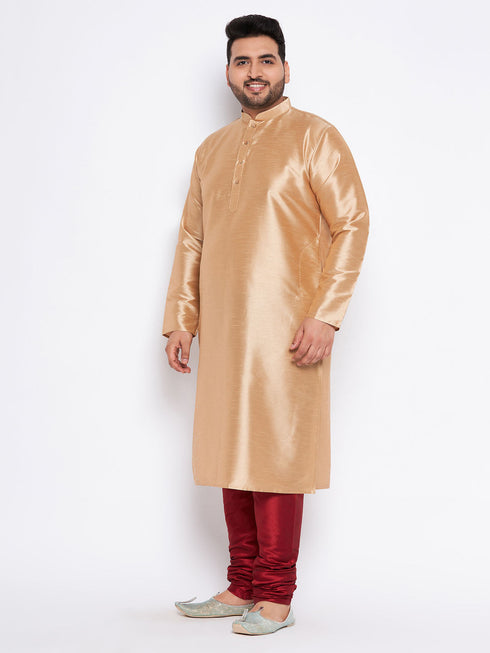 Vastramay Men's Plus Size Rose Gold Silk Blend Kurta And Maroon Pyjama Set