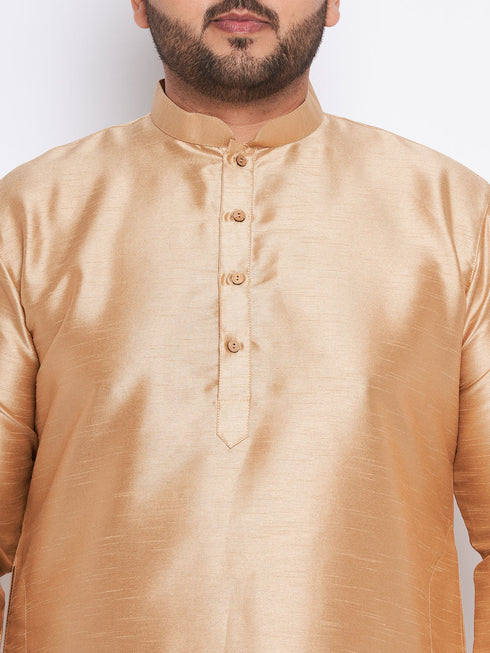 Vastramay Men's Plus Size Rose Gold Silk Blend Kurta And Maroon Pyjama Set