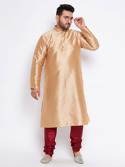 Vastramay Men's Plus Size Rose Gold Silk Blend Kurta And Maroon Pyjama Set