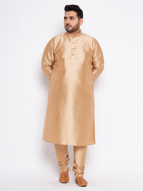 Vastramay Men's Plus Size Rose Gold Silk Blend Kurta Pyjama Set