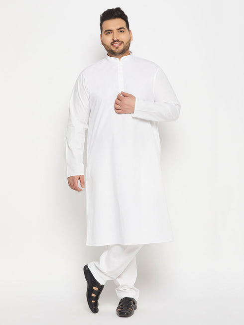Vastramay Men's Plus Size White Cotton Blend Kurta And Cotton Pant Style Pyjama Set