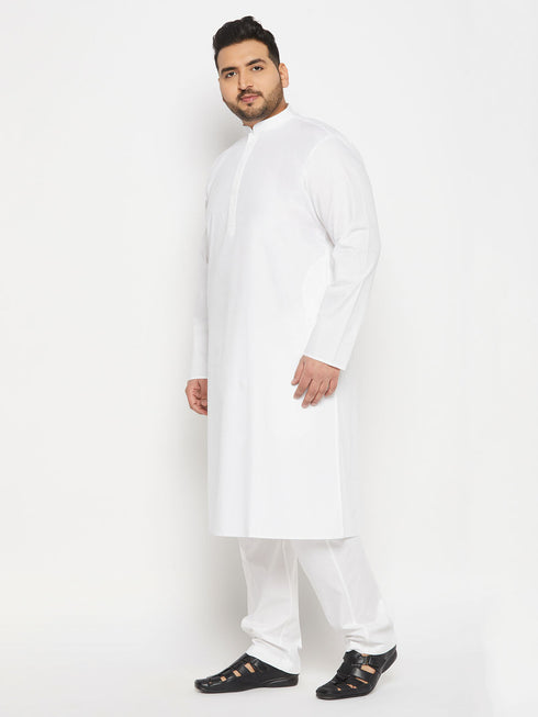 Vastramay Men's Plus Size White Cotton Blend Kurta And Cotton Pant Style Pyjama Set