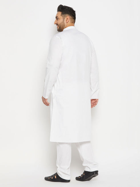 Vastramay Men's Plus Size White Cotton Blend Kurta And Cotton Pant Style Pyjama Set