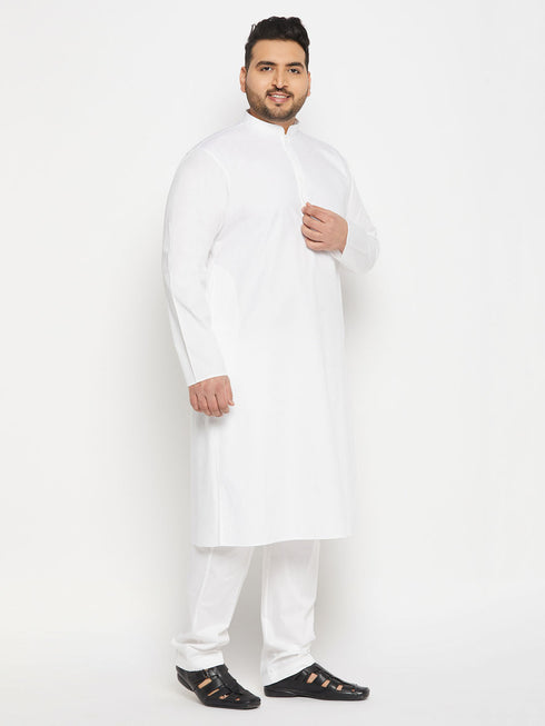 Vastramay Men's Plus Size White Cotton Blend Kurta And Cotton Pant Style Pyjama Set