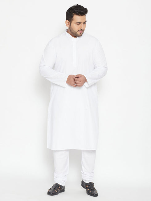 Vastramay Men's Plus Size White Cotton Blend Kurta Pyjama Set