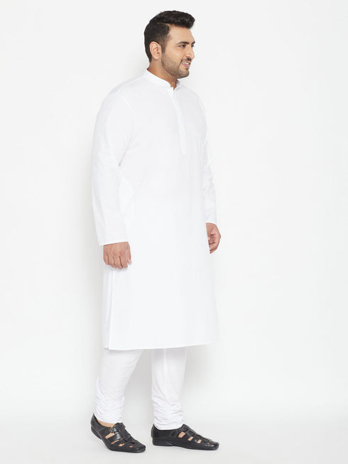 Vastramay Men's Plus Size White Cotton Blend Kurta Pyjama Set