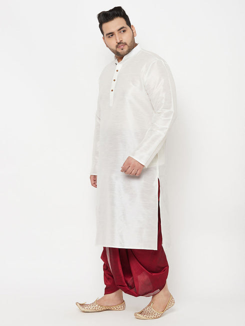 Vastramay Men's Plus Size White Silk Blend Kurta And Maroon Dhoti Set
