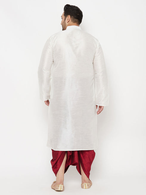 Vastramay Men's Plus Size White Silk Blend Kurta And Maroon Dhoti Set