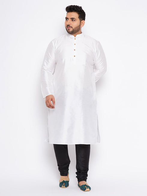 Vastramay Men's Plus Size White Silk Blend Kurta And Black Pyjama Set