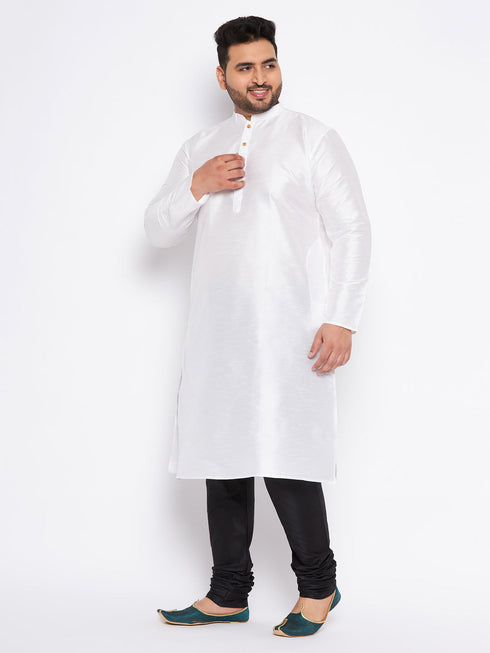 Vastramay Men's Plus Size White Silk Blend Kurta And Black Pyjama Set