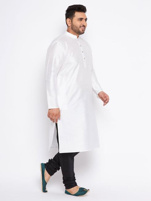 Vastramay Men's Plus Size White Silk Blend Kurta And Black Pyjama Set