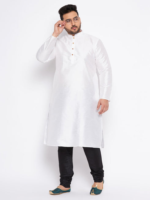 Vastramay Men's Plus Size White Silk Blend Kurta And Black Pyjama Set