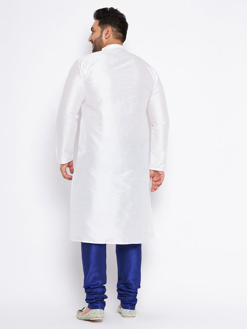 Vastramay Men's Plus Size White Silk Blend Kurta And Blue Pyjama Set