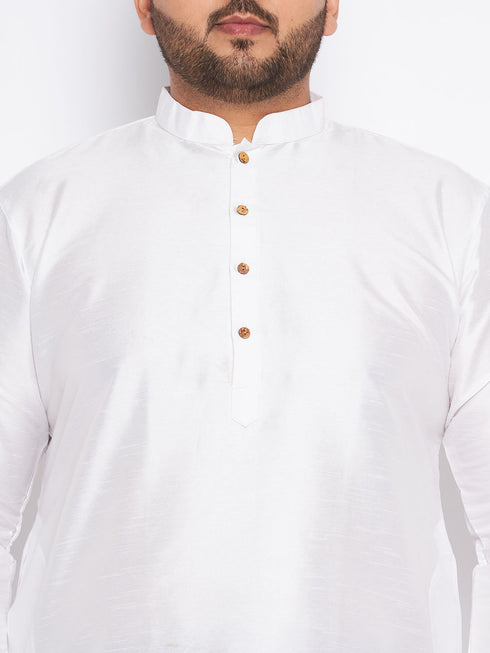 Vastramay Men's Plus Size White Silk Blend Kurta And Blue Pyjama Set