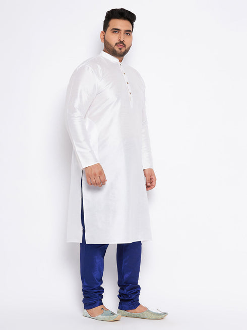 Vastramay Men's Plus Size White Silk Blend Kurta And Blue Pyjama Set