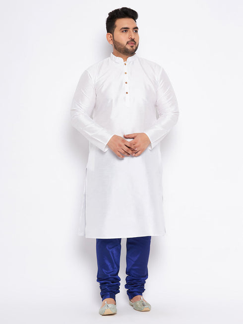 Vastramay Men's Plus Size White Silk Blend Kurta And Blue Pyjama Set