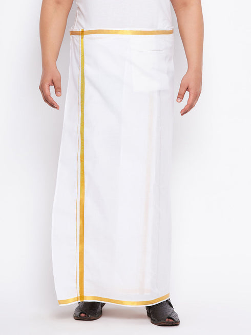 Vastramay Men's Plus Size White And Gold Dhoti/Mundu/Vesty
