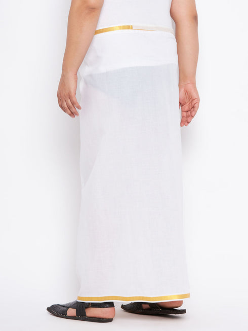 Vastramay Men's Plus Size White And Gold Dhoti/Mundu/Vesty