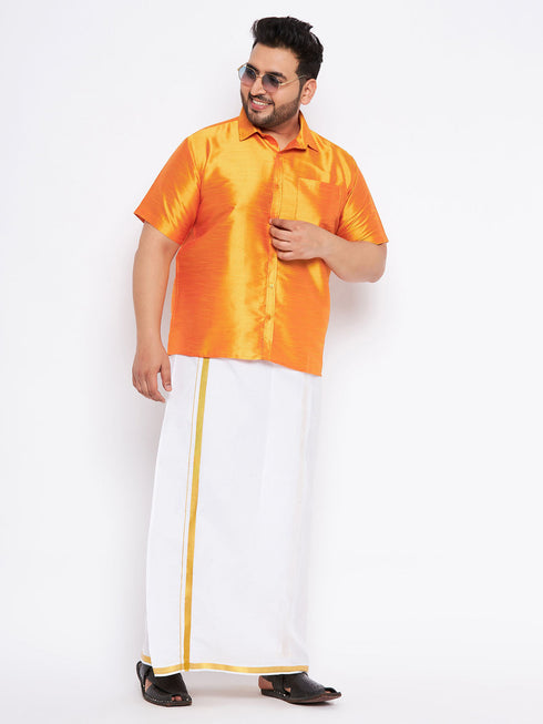 Vastramay Men's Plus Size White And Gold Dhoti/Mundu/Vesty