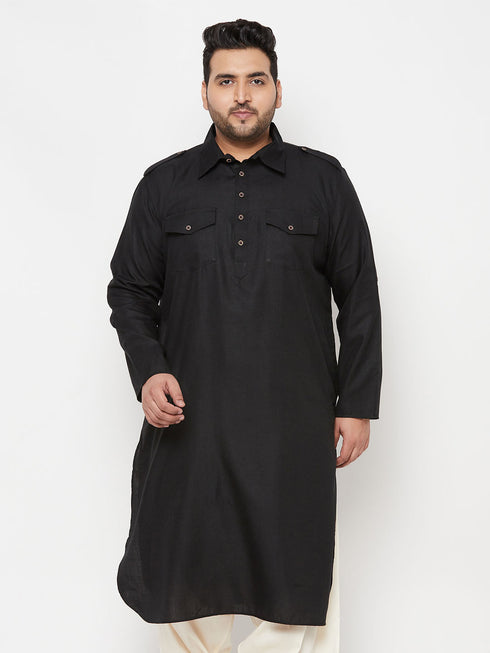 Vastramay Men's Plus Size Black Cotton Blend Pathani Kurta