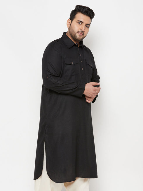 Vastramay Men's Plus Size Black Cotton Blend Pathani Kurta
