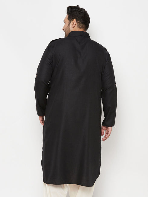 Vastramay Men's Plus Size Black Cotton Blend Pathani Kurta
