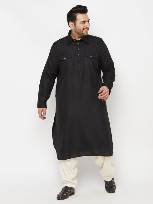 Vastramay Men's Plus Size Black and Cream Cotton Blend Pathani Set