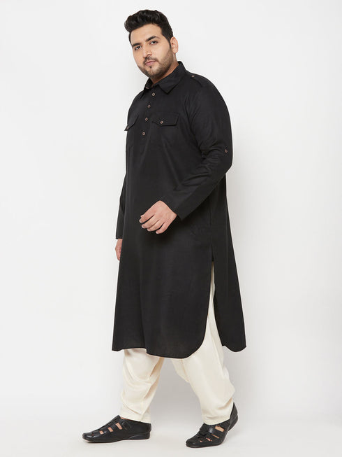 Vastramay Men's Plus Size Black and Cream Cotton Blend Pathani Set