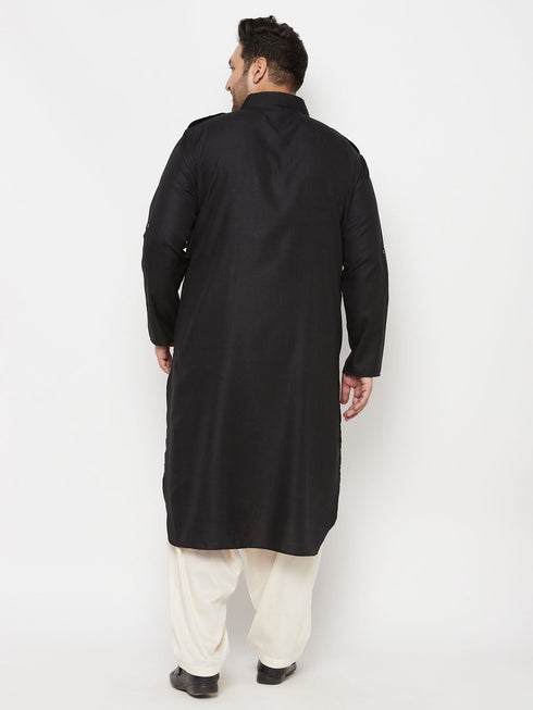 Vastramay Men's Plus Size Black and Cream Cotton Blend Pathani Set