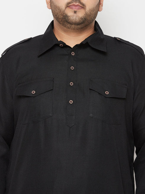 Vastramay Men's Plus Size Black and Cream Cotton Blend Pathani Set