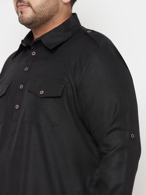 Vastramay Men's Plus Size Black and Cream Cotton Blend Pathani Set