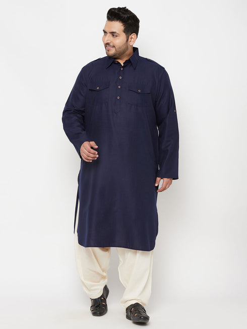 Vastramay Men's Plus Size Blue and Cream Cotton Blend Pathani Set