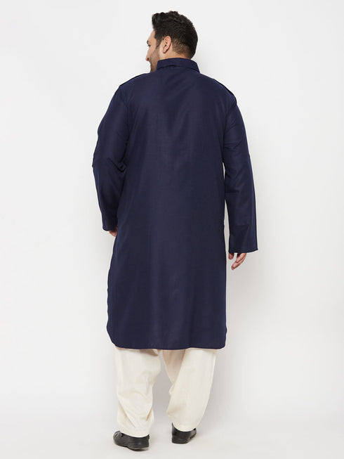 Vastramay Men's Plus Size Blue and Cream Cotton Blend Pathani Set