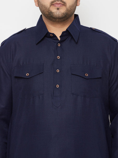 Vastramay Men's Plus Size Blue and Cream Cotton Blend Pathani Set