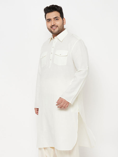 Vastramay Men's Plus Size Cream Cotton Blend Pathani Kurta