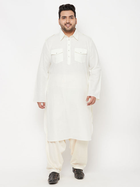 Vastramay Men's Plus Size Cream Cotton Blend Pathani Kurta