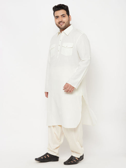 Vastramay Men's Plus Size Cream Cotton Blend Pathani Set