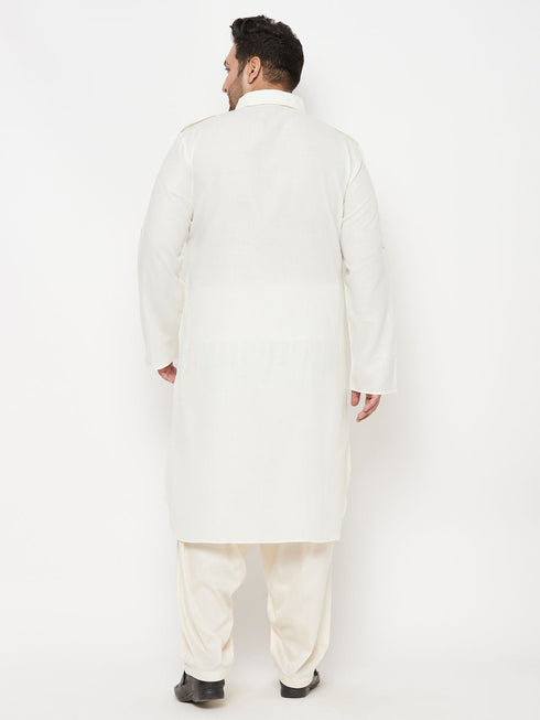 Vastramay Men's Plus Size Cream Cotton Blend Pathani Set
