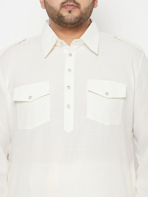 Vastramay Men's Plus Size Cream Cotton Blend Pathani Set