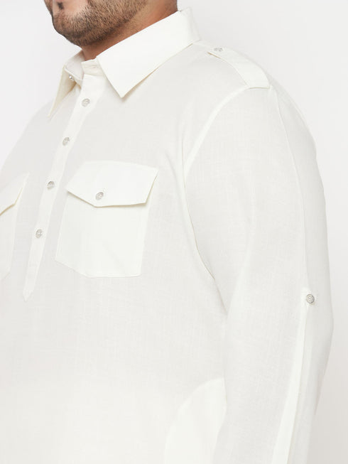 Vastramay Men's Plus Size Cream Cotton Blend Pathani Set