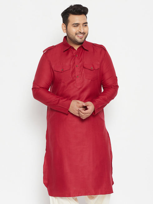 Vastramay Men's Plus Size Maroon Cotton Blend Pathani Kurta