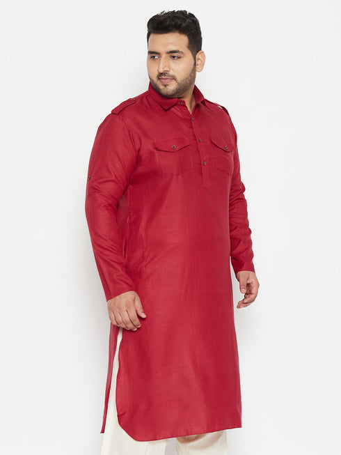Vastramay Men's Plus Size Maroon Cotton Blend Pathani Kurta