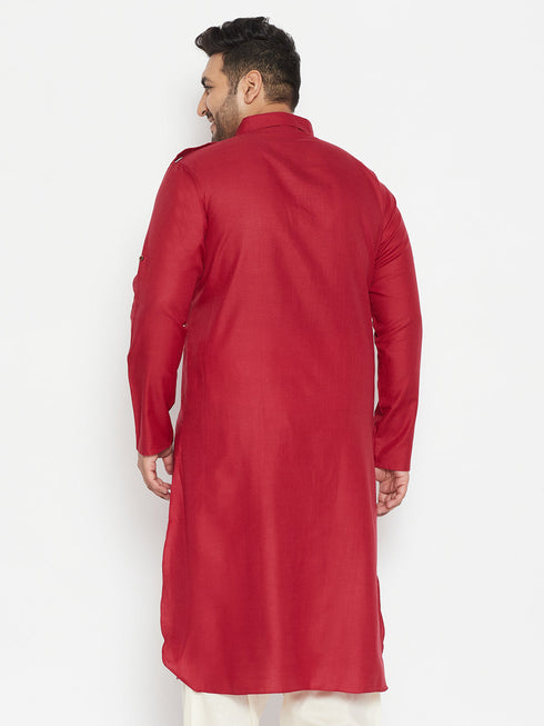 Vastramay Men's Plus Size Maroon Cotton Blend Pathani Kurta