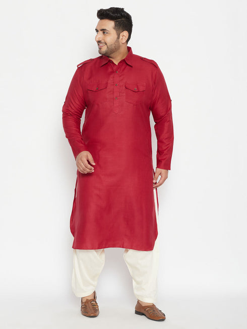 Vastramay Men's Plus Size Maroon Cotton Blend Pathani Kurta