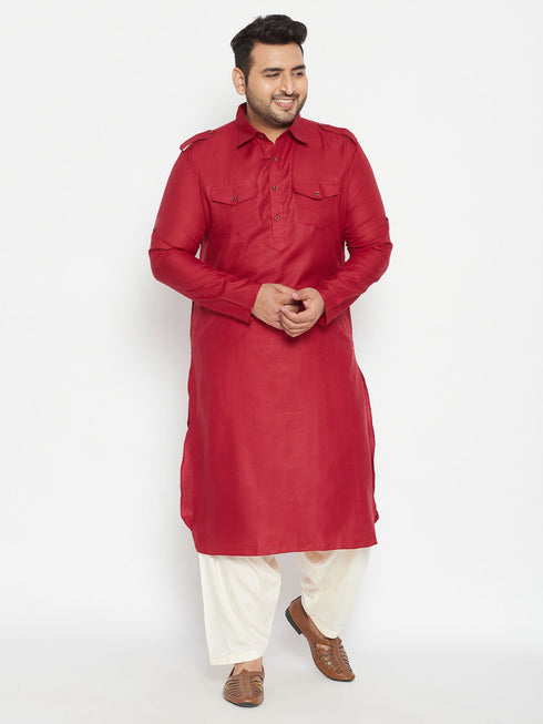Vastramay Men's Plus Size Maroon and Cream Cotton Blend Pathani Set