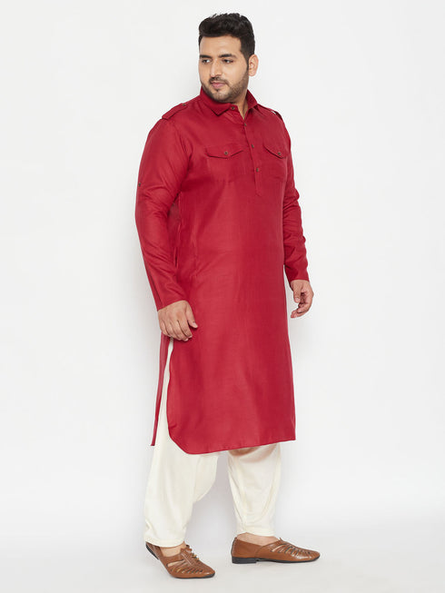 Vastramay Men's Plus Size Maroon and Cream Cotton Blend Pathani Set